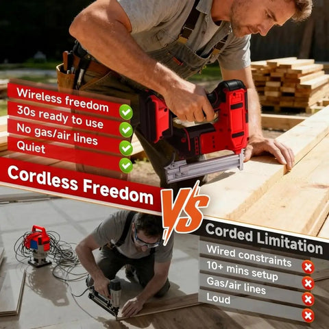 Heavy Duty 2 In 1 Cordless Brad Nailer And Stapler in use for woodworking on wooden boards outdoors.