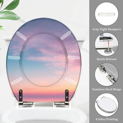 Smooth Round Resin Toilet Seat With Gentle Soft Close Lid And Quick Release Hinges showcasing sunset design and stainless steel hinges.