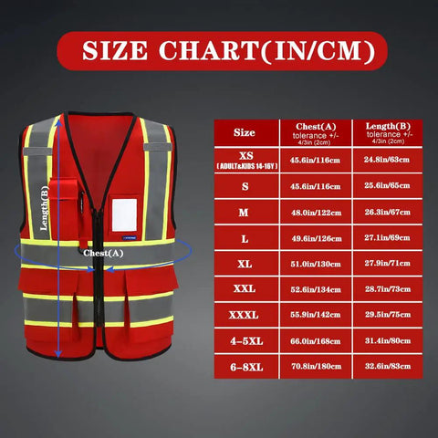 Boss Level High Visibility Reflective Safety Vest With Pockets And Zipper Front, Unisex Hi Vis Work Vest, ANSI ISEA Approved size chart