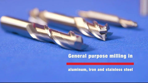 Three HSS 2-flute end mills, 19/32 x 1/2, Drill America DWCT321, Amazon brand, front view.
