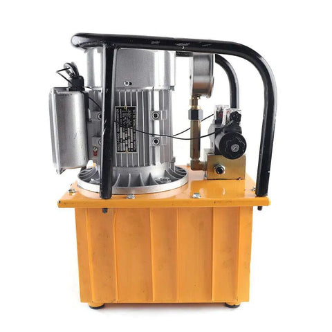Close-up of Heavy Duty 750W Electric Hydraulic Pump 110V with solenoid valve, featuring a 7L oil reservoir for garage use.