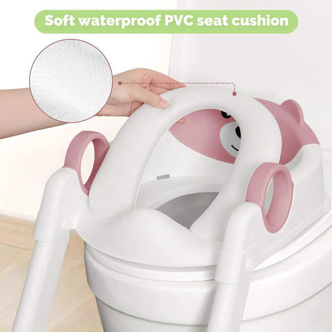 No Sweat 2 In 1 Potty Training Seat With Step Stool For Toddlers, close-up of waterproof PVC seat cushion and handles.