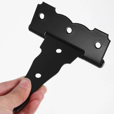 Heavy Duty Iron Gate Hinges Matte Black Farmhouse Style Two Pack T Shaped shown in hand