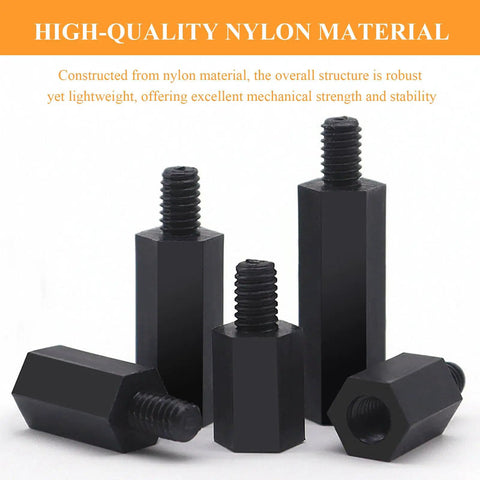 Pro Grade Nylon Hex Standoff Spacers M4 Threaded Six Millimeter Frame Forty To One Hundred Millimeter Length One Hundred Piece Bulk Pail, showing various lengths.