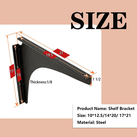Dimensions of Beefy 1000 Pound Load Capacity Shelf Brackets for industrial steel mounting, black finish, with measurements shown.