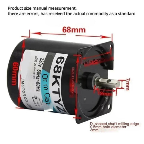Low Speed 28W 220V AC Motor With Reversible Permanent Magnet Synchronous Drive, 68KTYZ, measurements shown in image