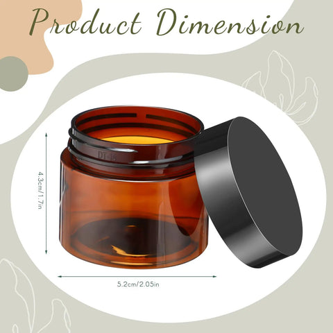 200 Piece 2 Oz Amber Plastic Cosmetic Jars Collection showing dimensions, round design with secure screw top lid, ideal for travel.