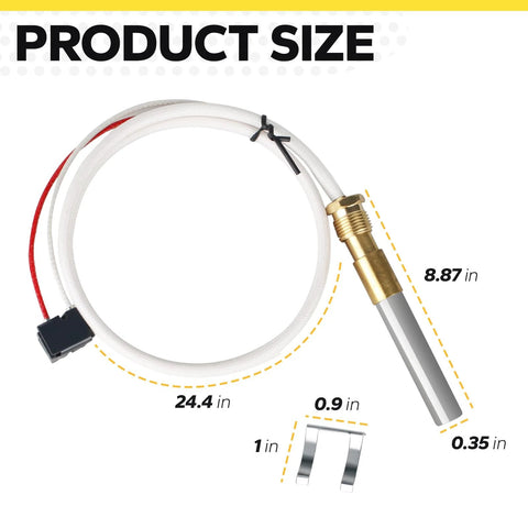 Water heater thermopile for Rheem/Ruud/Richmond; white insulated lead with brass sensor for pilot burner replacement