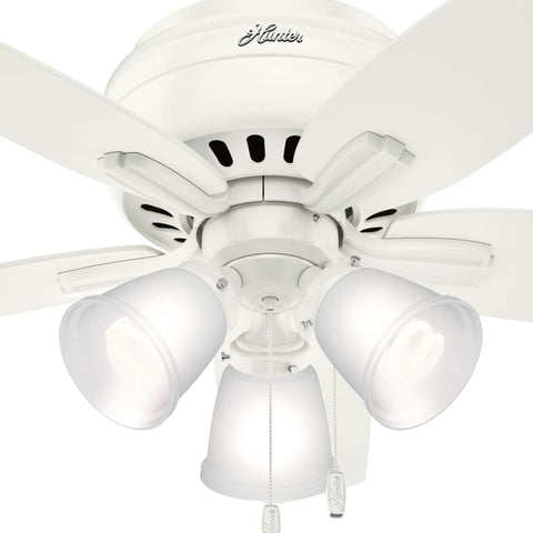 42 Inch Newsome Premier Bronze Low Profile Ceiling Fan With LED Light Kit and Pull Chain, modern white finish shown
