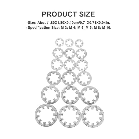 Internal Tooth Lock Washers Set 300 Pieces Stainless Steel Assortment Kit with various sizes displayed in rows.
