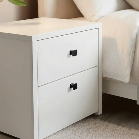 Set Of 5 Flat Black Cabinet Knobs For Dresser Drawers And Kitchen Handles Knockout Square Design Solid Zinc Alloy Construction Tight Grip Easy Reinstall Upgrade Your Setup Now on white nightstand.
