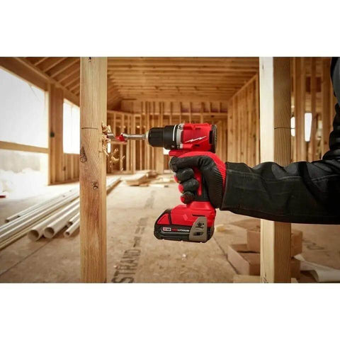 18V Cordless Compact Brushless Drill Driver Kit With Two Batteries Charger And Contractor Bag Heavy Duty Half Inch Chuck Tool For Tight Spaces Job Site Badass Power Control in use on wooden framing.