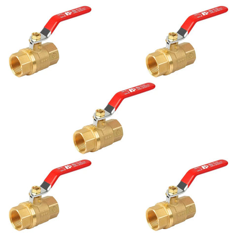 Five Pack Brass Three Quarter Inch Full Port Ball Valves With Red Vinyl Handle NPT Female To Female Thread 150 PSI WSP And 600 WOG Durable Plumbing Fittings For DIY And Pro Jobs image