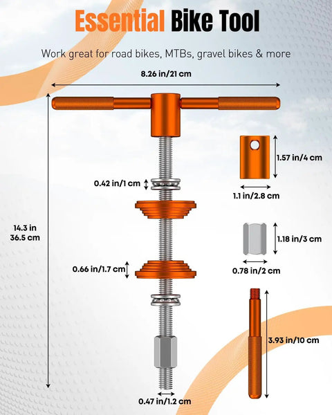 Diagram of Heavy Duty Pro Grade Bicycle Headset Press Tool With Aluminum Alloy Construction And Anodized Finish, dimensions labeled.