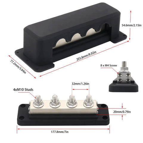 Top Grade Heavy Copper Bus Bar With Built Tough 600 Amp Power Distribution Block showing dimensions and stud terminals.