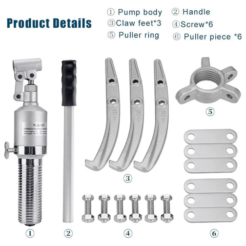 Heavy Duty Hydraulic Gear Puller 30 Ton Capacity With Storage Case Includes 3 Jaw Bearing Hub Separator parts and tools layout