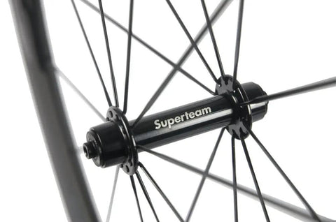 Close-up of hub on Beast 50mm Carbon Basalt Braking Surface Clincher Road Wheelset 700c with Matte 3k Finish Toray T700 Fibers