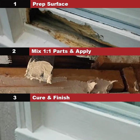 Steps to use Wood Repair Epoxy Paste And Wood Hardener Kit DIY Friendly With 24 Oz Woody Paste And 32 Oz Petrifier for wood repair