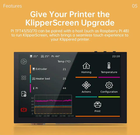 Five Inch HD TFT LCD Capacitive Touch Screen Display With Sharp 800x480 Dsi Panel And Dead Simple Plug And Play Setup For Raspberry Pi 4 3 2 1 Models And 3D Printer Controllers showing KlipperScreen interface and temperatures.