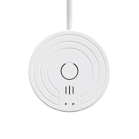 White smoke detector with circular design and LED indicators, connected by a cable for security systems.
