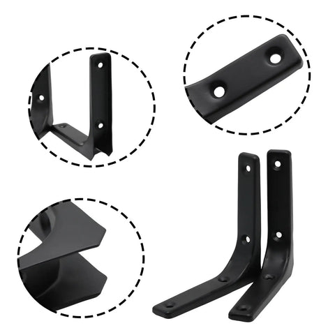 Rock Solid 10 Piece Heavy Duty 4 Inch Black L Brackets With Matching Screws showing detailed angles, sturdy steel mounts for building projects.