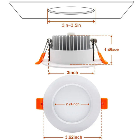 Dimensions diagram of Lit 3.5 Inch LED Recessed Lighting Downlight 7W Dimmable 3000K Warm White CRI80 Energy Saving Ceiling Light