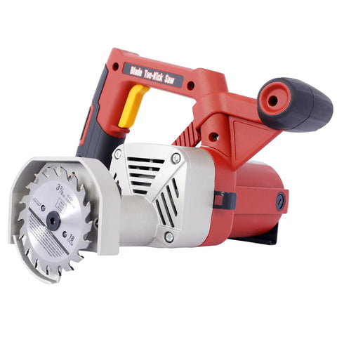 Heavy Duty Corded Toe Kick Circular Saw Delivers Knockout Flush Cuts And Quick Dial In Precision Depth Adjustments For Slick Cabinet Install And Floor Trim Work, side view showing the blade and handle.