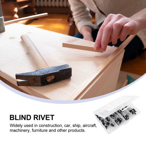 Person assembling furniture with hammer beside 120 Pcs Aluminum Blind Rivet Kit Black Finish With Smooth Surface And Burr Free Pull Rod
