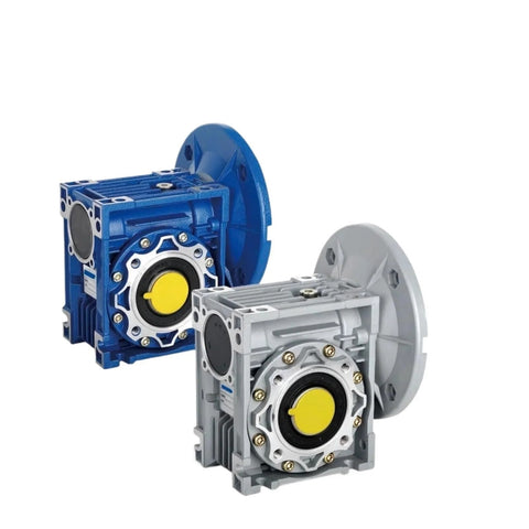 Two metal worm gear reducers with blue and gray housings, flange outputs and yellow end caps.
