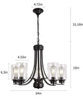 Five Light Matte Black Farmhouse Industrial Chandelier With Clear Glass Shades For Dining Room Kitchen Island Foyer And Bedroom Modern Vintage Pendant Lighting That Elevates Any Space With Bold Timeless Vibe And Dope Style showing dimensions and clear glass shades.