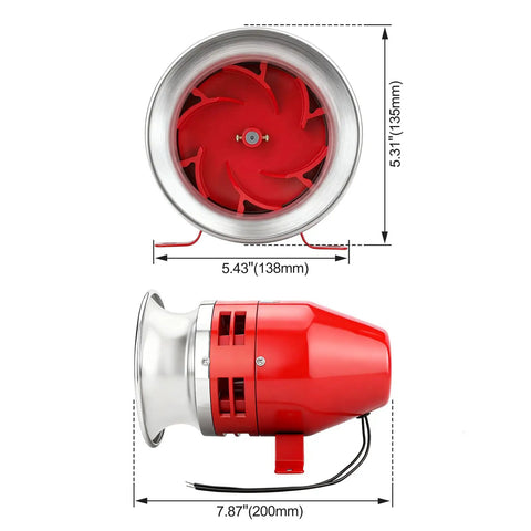 Heavy Duty 24V DC Motor Siren Featuring Rock Solid Metal Housing For Industrial Security And Emergency Warning Systems Delivering A Piercing 125 Decibel Tone That Cuts Through Harsh Environments Like A Beast, showing dimensions and metal housing.