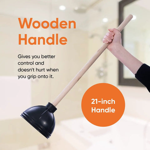 Classic Heavy Duty Toilet And Sink Plunger With 21 Inch Natural Wood Handle, Thick Black Rubber Cup, Built Tough To Blast Away Stubborn Clogs, Easy Suction For Quick Fixes held in hand.