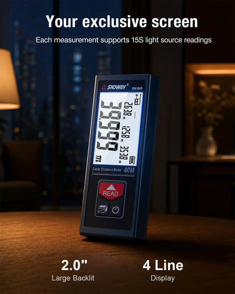 Ultra Compact Laser Distance Meter 196 Ft Range With Jumbo Lcd Screen Usb C Rechargeable on table with backlit display.