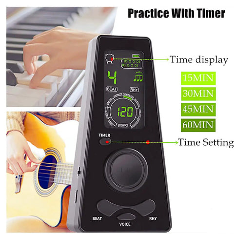 Digital Metronome For Piano Guitar Violin Ukulele Cello Flute With LED Display Rotary Tempo Knob Voice Count Timer Precise Beat And Multiple Rhythm Patterns Battery Operated Practice Buddy For Musicians, showing time settings.