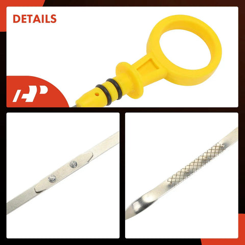 Engine Oil Dipstick For Chevrolet GMC Cadillac Vehicles Fits Silverado Tahoe Suburban Sierra Yukon XL Savana Escalade ESV EXT W62 Measuring Rod Dipstick Must Have, detailed view of yellow handle and stainless steel rod with markings.