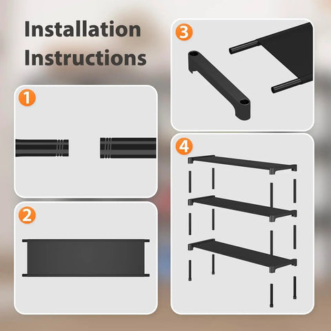 Installation instructions for Solid Two Tier Shoe Rack For Entryway And Garage with visual steps and black steel components.