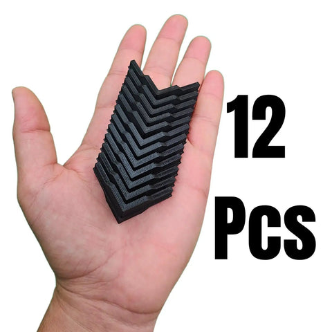 Twelve Pack Heavy Duty Corner Braces For Garage Shelving Systems Solid Black Steel Rack Connectors in hand, showcasing 12 pieces.