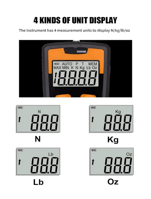 Force Gauge Tension Tester With 100N And 500N Capacity A Must Have Tool For Compression And Tension Four Units Newton Kilogram Pound Ounce Adjustable Acceleration For Precise Testing, 4-unit display