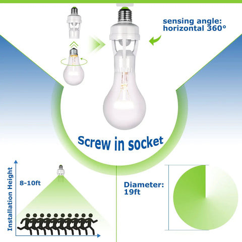Motion Sensor Light Socket Adapter For E26 E27 Screw In Bulbs Smart Auto On Off Motion Activated Bulb Holder For Garage And Storage Rooms Quick Install No Wiring Needed 6 Pack, white screw-in adapter, 360° sensing angle