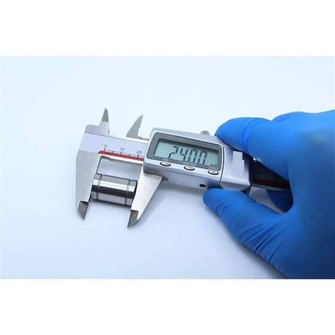 8mm Linear Bearing LM08UU 4 Pack Slick Ball Bearing Guides For Smooth Motion And Low Friction, 15x24mm Size With Four Ball Rows, Ideal For CNC, 3D Printer, Robotics, And Motion Systems. Digital caliper measuring an LM08UU linear bearing to 24mm length