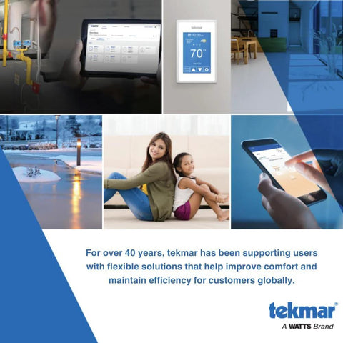 Tekmar universal temperature sensor 071 collage: wall touchscreen thermostat, tablet interface, and smartphone app.