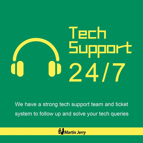 Tech support 24/7 icon with yellow headset on green background, Martin Jerry logo at bottom