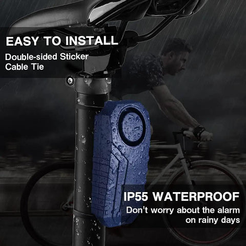 Blue Beefed Up Wireless Bike Alarm With 113dB Siren Anti Theft Motion Sensor mounted on bicycle seat post, rainy weather