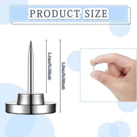 Built Tough Silver Metal Push Pins And Straight Shooting Thumb Tacks For Bulletin Boards Smooth Wall Mounting Heavy Duty Picture Hangers Compact Go To Office Supplies 30 Piece Set dimensions shown with hand for scale.