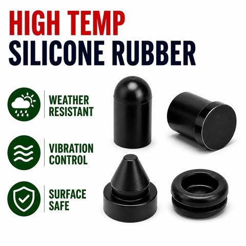 High temp silicone rubber push-in feet for electronics enclosures and audio gear, featuring vibration control and weather resistance.