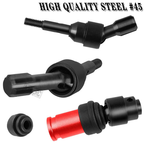 Beefed Up RC Upgrade Parts Kit for Mini Rally VXL Ford RS200 and Mini Slash 4x4, steel CVD drive shafts with black and red components.