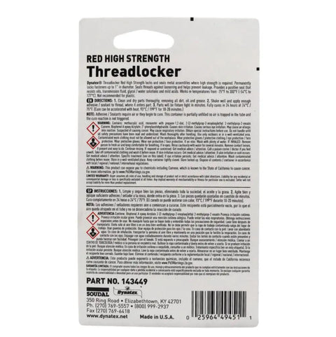 Back of packaging for Red High Strength Threadlocker For Large Fasteners With Permanent Lock, Anaerobic Formula That Cures Between Close Fitting Metal Surfaces, Heavy Duty Vibration And Solvent Resistant 0.20 Oz Bottle, 5 Pack.