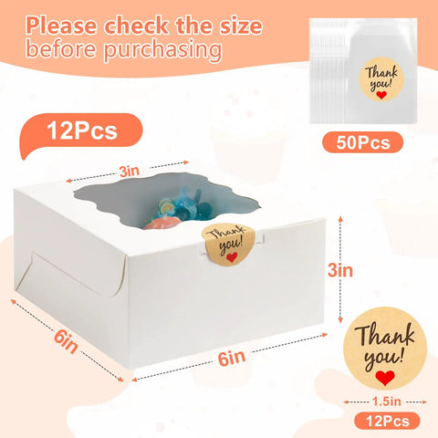 Premium White Cookie Boxes With Clear View Window And Included Thank You Labels 12 Pack Sized At 6X6X3 Inches viewed with dimensions labeled.