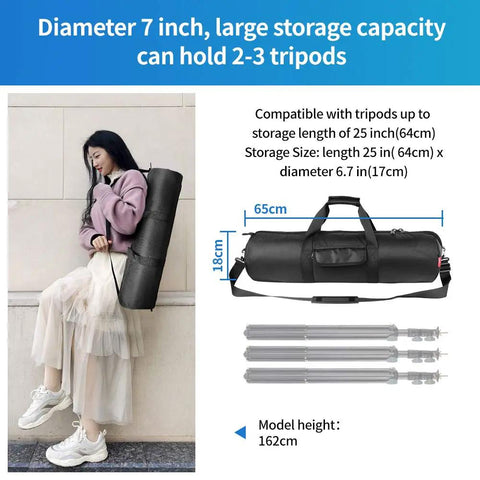 All Around Thick Padded Tripod Carry Case Built Like A Tank Fits Camera Stands Up To Twenty Five Inches, carried by a woman, 7 inch diameter.