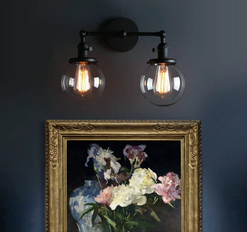 Two Light Vintage Wall Sconces With On Off Switch Globe Glass Vanity Bathroom Light Fixtures Industrial Style Wall Lighting